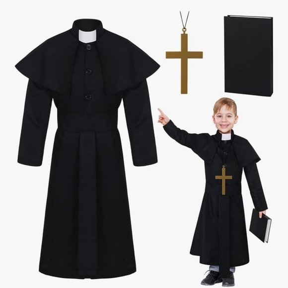 hicarer Other - Children's Black Priest Costume with Gold Cross